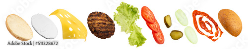 Delicious burger ingredients isolated on white background.