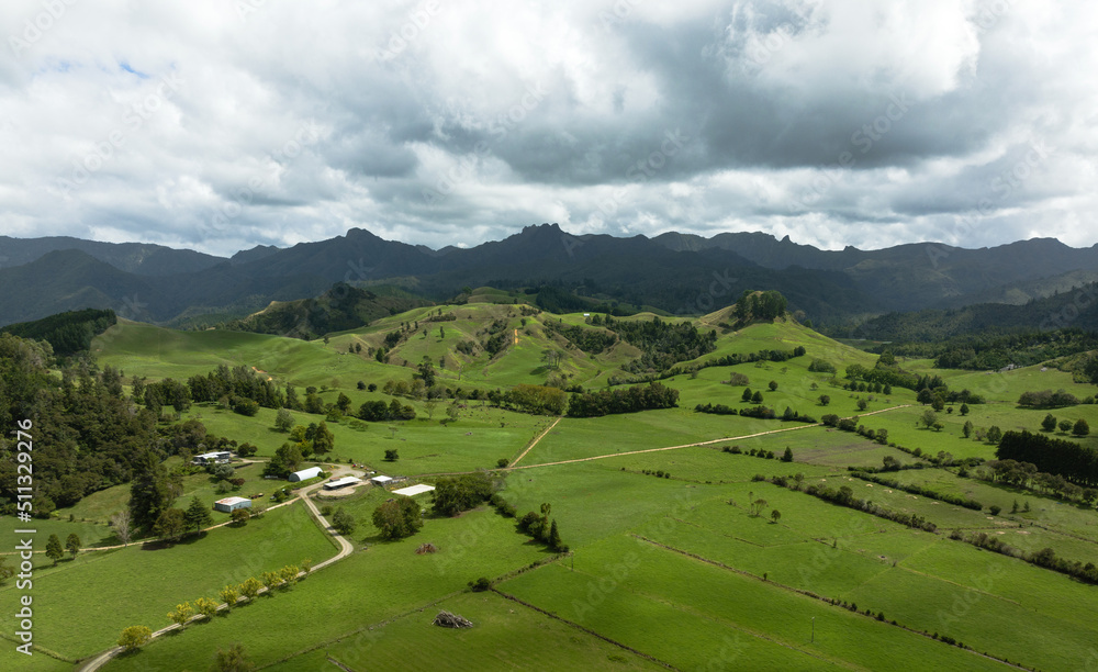 Cloudy morning in Waikato rural area. Aerial view. New Zealand