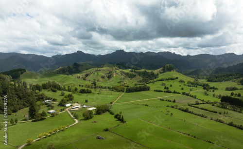 Cloudy morning in Waikato rural area. Aerial view. New Zealand