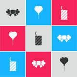 Set Bow tie, Balloon in form of heart and Firework rocket icon. Vector