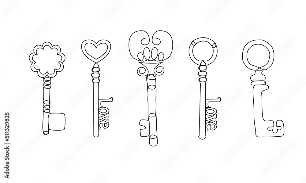 Set of continuous line key icons. Minimalist keys illustration. Vector elements for real estate sale, security concept Set of continuous line key icons. Minimalist keys illustration. Vector elements for real estate sale, security concept