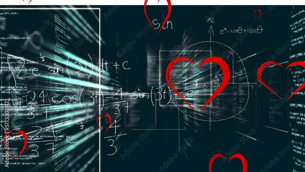 Animation of hearts floating over math formulas on black background Animation of hearts floating over math formulas on black background