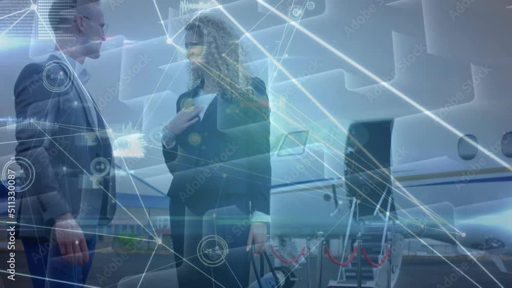Animation of network of connections over caucasian businessman and businesswoman on airport Animation of network of connections over caucasian businessman and businesswoman on airport