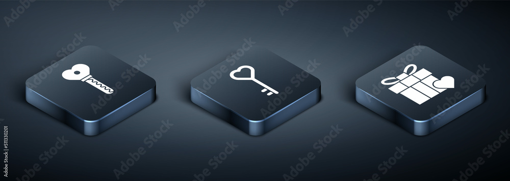 Set Isometric Key in heart shape, Gift box and heart and Key in heart shape icon. Vector Set Isometric Key in heart shape, Gift box and heart and Key in heart shape icon. Vector