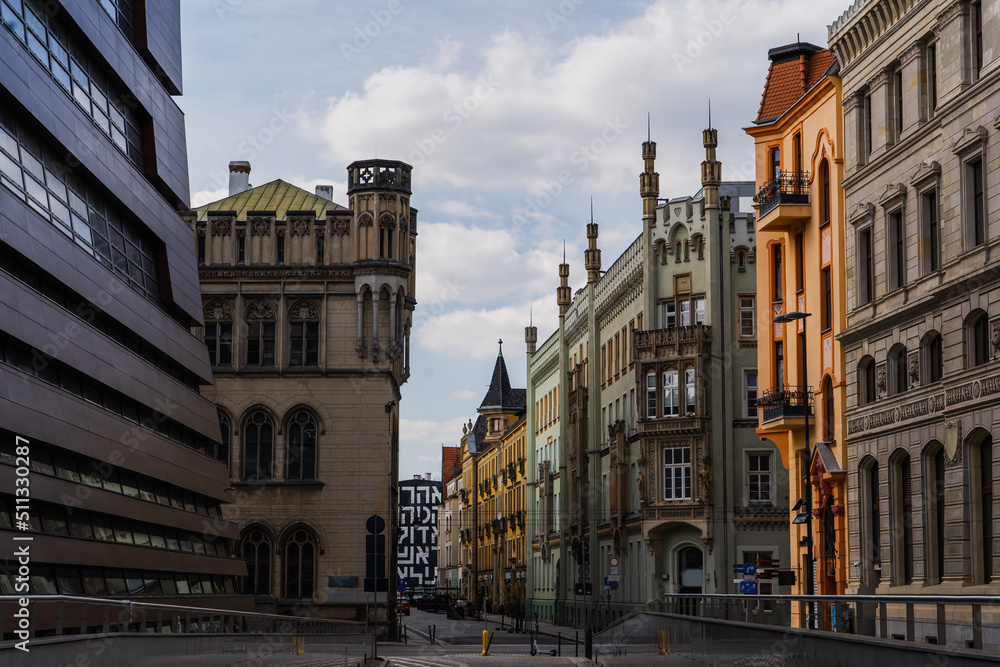 Old buildings on urban street in Poland