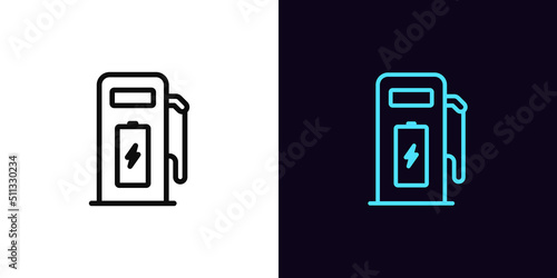 Outline electric station icon, with editable stroke. Charging station with battery and lightning sign, charge point pictogram. Electric charger