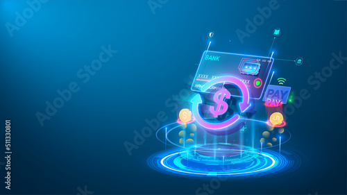 Exchange of funds by bank cards. Cash back concept with money and arrows. Cash back service. 3d vector illustration