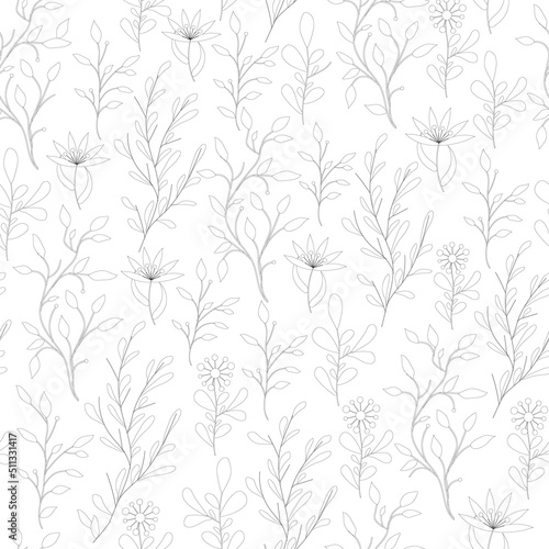 Black and white floral seamless pattern with folklore stylized flowers.
