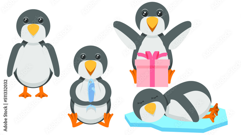 Obraz premium Set Abstract Collection Flat Cartoon Different Animal Penguins Stand, Sleeping, Surprised By The Gift, Eating A Fish Vector Design Style Elements Fauna Wildlife
