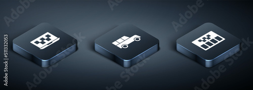 Set Isometric Laptop call taxi service, Taximeter and Car icon. Vector
