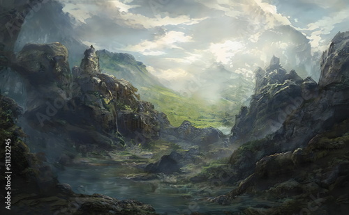 Obraz na plátně Fantastic Epic Magical Landscape of Mountains