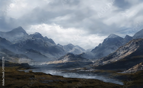 Fantastic Epic Magical Landscape of Mountains. Summer nature. Mystic Valley  tundra. Gaming assets. Celtic Medieval RPG background. Rocks and canyon. Beautiful sky with clouds. Lakes and rivers