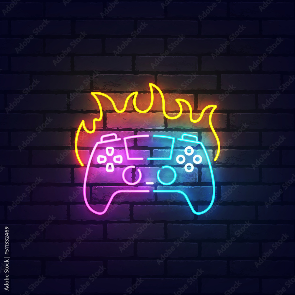 Game neon sign, bright signboard, light banner. Game joystick on fire