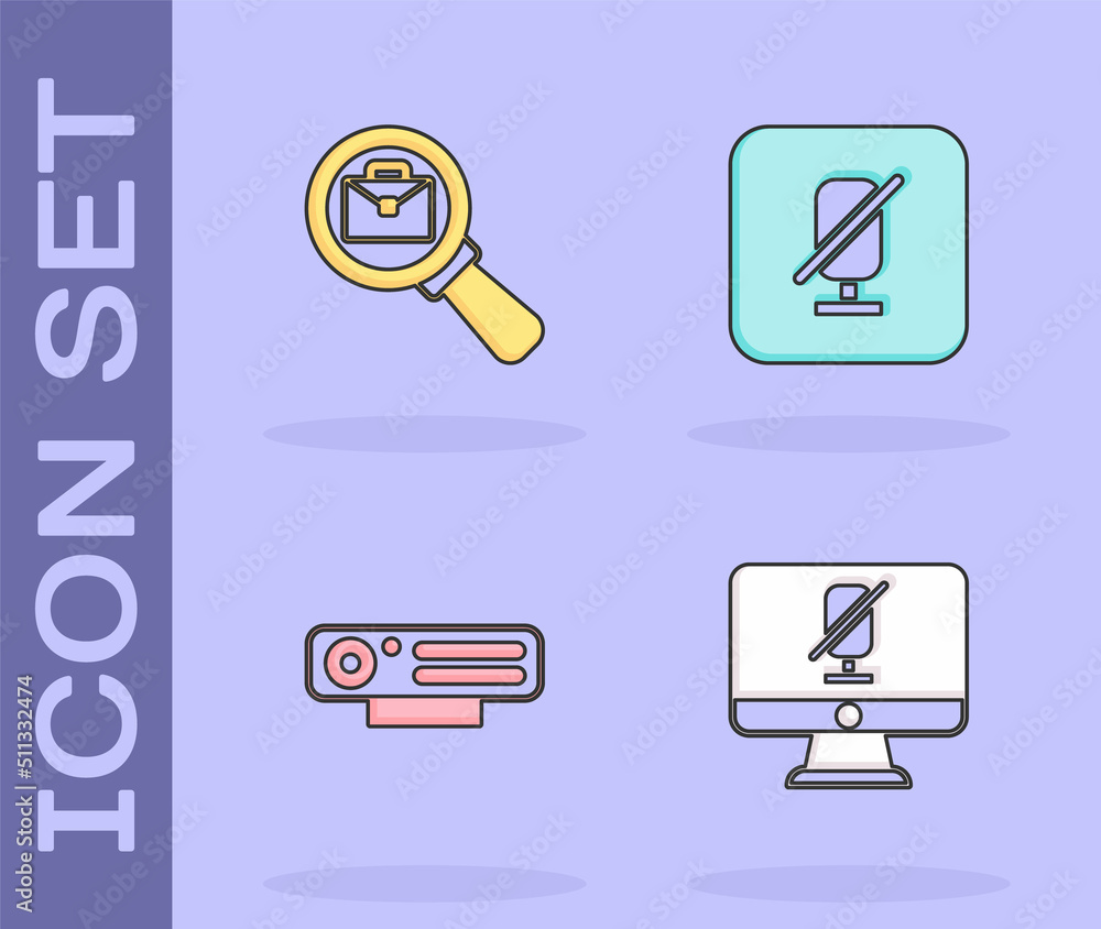 Obraz premium Set Mute microphone on computer, Magnifying glass with briefcase, Web camera and icon. Vector