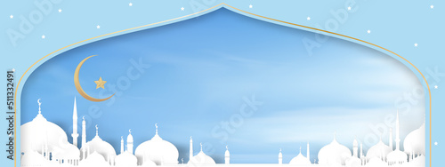 Eid al-Adha banner Mosque window with Crescent moon,star on blue sky background,Vector illustration paper cut Islamic religions,Backdrop for Islamic religion,Eid Mubarak,Eid al fitr,Ramadan Kareem