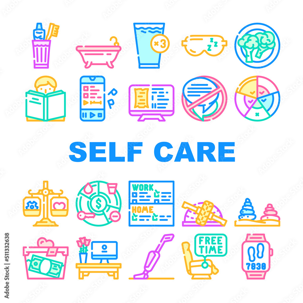 Self Care Procedure And Life Task Icons Set Vector. Self Care Training Exercise And Meditation, House Cleaning And Donation, Brush Teeth And Bathing, Eat Healthcare Food And Drink Color Illustrations Self Care Procedure And Life Task Icons Set Vector. Self Care Training Exercise And Meditation, House Cleaning And Donation, Brush Teeth And Bathing, Eat Healthcare Food And Drink Color Illustrations