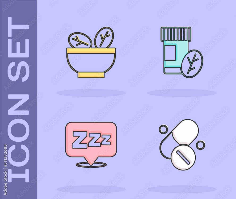 Set Vitamin pill, Salad bowl, Sleepy and icon. Vector Set Vitamin pill, Salad bowl, Sleepy and icon. Vector