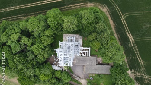 Telecoms mast , UK tower overhead birds eye view drone aerial view