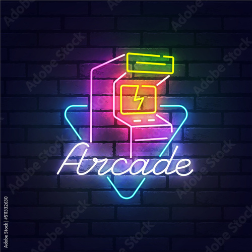 Arcade Game neon sign, bright signboard, light banner. Arcade machine logo neon, emblem. Vector illustration