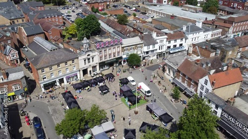 Busy Market in Hitchin Hertfordshire, market town England UK drone aerial view photo