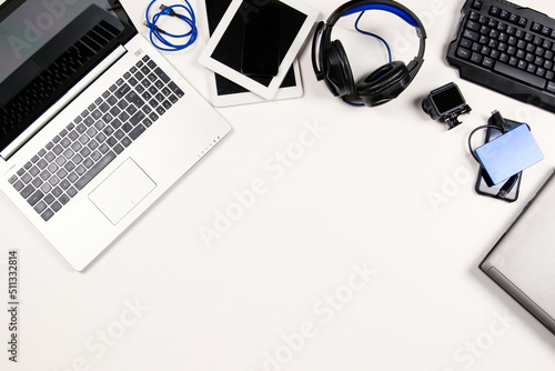 Canvas Print Top view to old laptop computers, digital tablets, mobile phones, many used electronic gadgets devices on white background