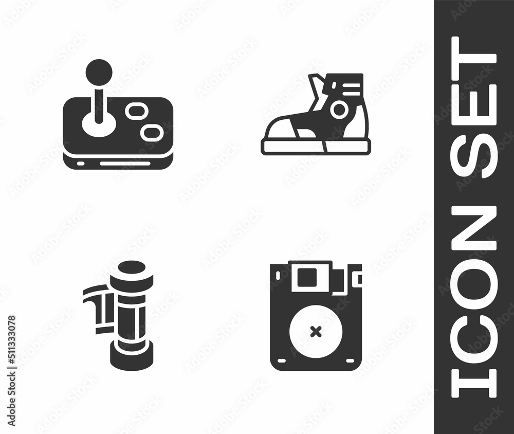 Set Floppy disk, Joystick, Camera roll cartridge and Sport sneakers icon. Vector