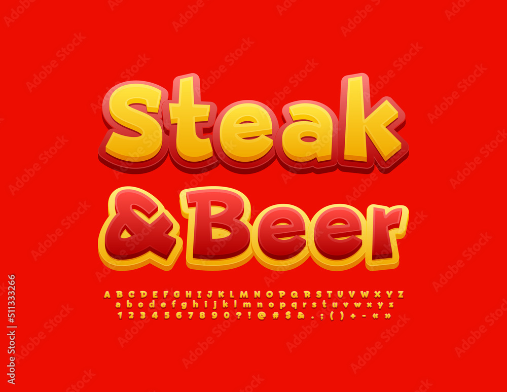 Vector bright sign Steak and Beer. Modern Creative Font.  Artistic Alphabet Letters, Numbers and Symbols set