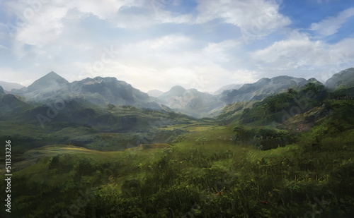 Fantastic Epic Magical Landscape of Mountains. Summer nature. Mystic Valley, tundra. Gaming assets. Celtic Medieval RPG background. Rocks and canyon. Beautiful sky with clouds. Lakes and rivers