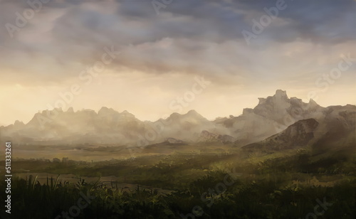 Fantastic Epic Magical Landscape of Mountains. Summer nature. Mystic Valley, tundra. Gaming assets. Celtic Medieval RPG background. Rocks and canyon. Beautiful sky with clouds. 
