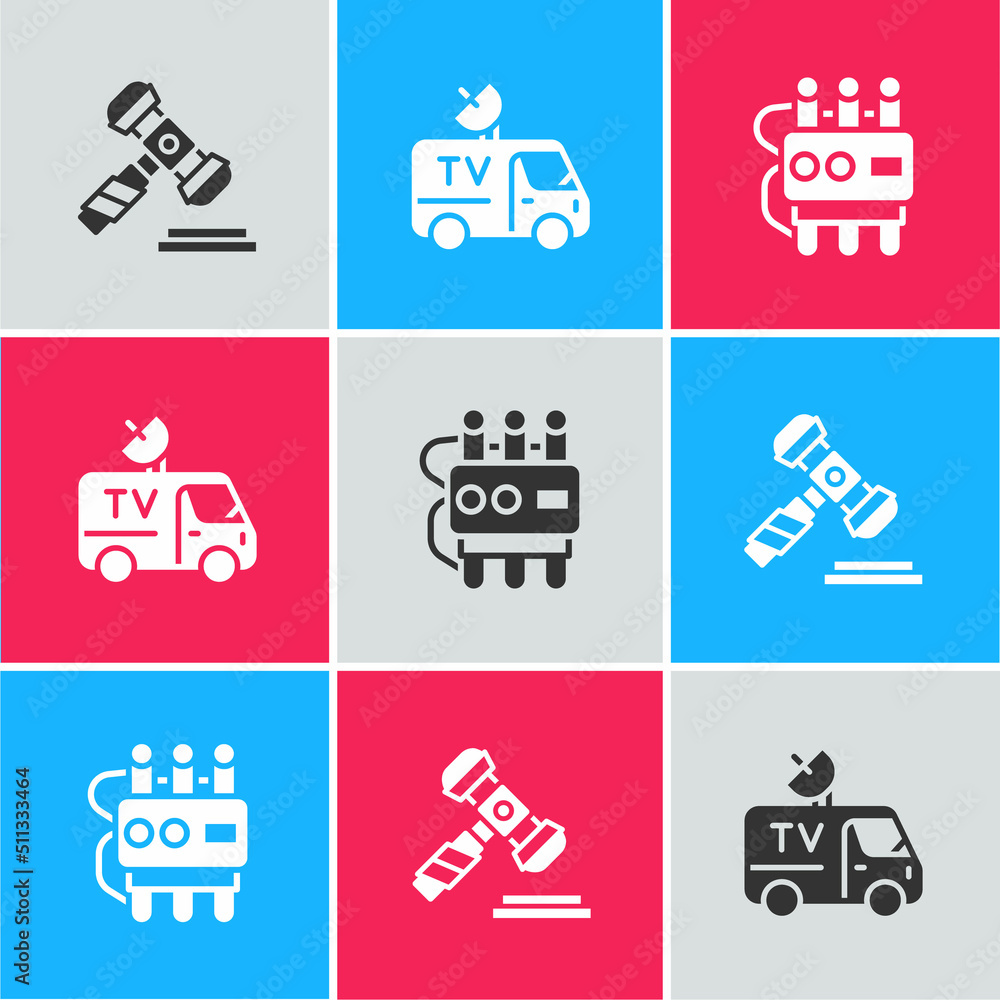 Set Judge gavel, TV News car and Dynamite and timer clock icon. Vector Set Judge gavel, TV News car and Dynamite and timer clock icon. Vector