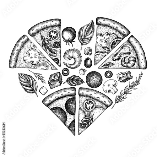 Pizza heart vintage design. Hand drawn greek, margherita, pepperoni, veggie, ham and mushrooms and seafood pizzas.