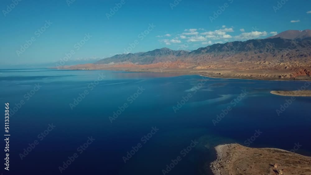 Panoramic views of the mountains and Lake Issyk Kul in Kyrgyzstan, Aerial Panoramic views of the mountains and Lake Issyk Kul in Kyrgyzstan, Aerial
