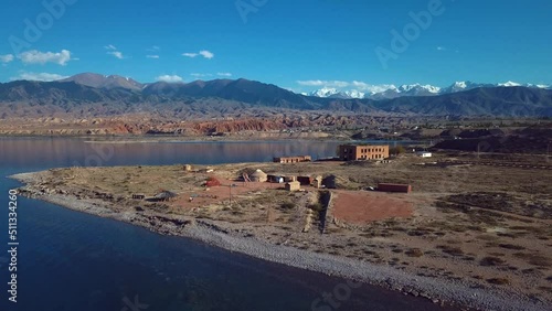 Panoramic views of the mountains and Lake Issyk Kul in Kyrgyzstan, Aerial photo