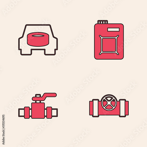 Set Metallic pipes and valve, Spare wheel in the car, Canister for motor oil and icon. Vector