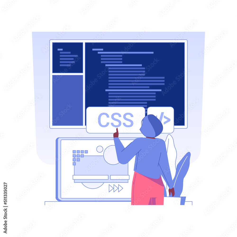 CSS code isolated concept vector illustration. Developer creating design web page, adding fonts and colors, IT company worker, programming and coding, front end development vector concept.