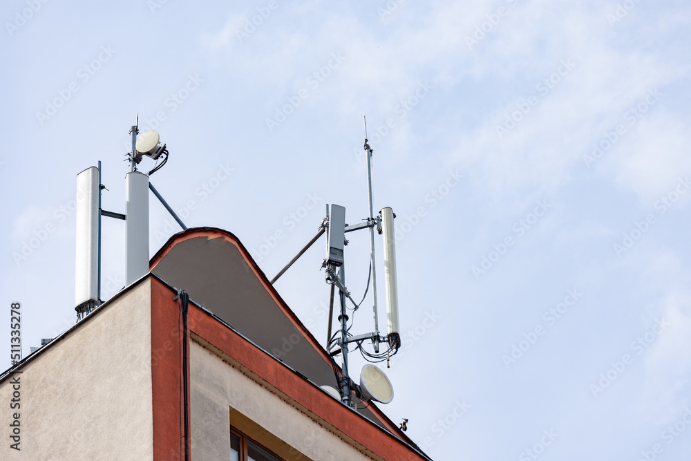 5G network antenna on the roof of a structure for a better signal coverage