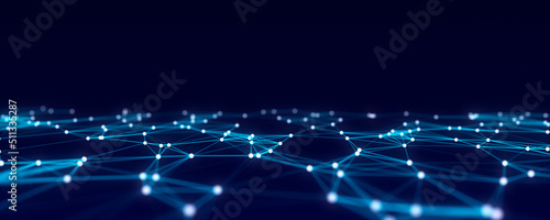 Abstract futuristic wave with moving dots and lines. Flow of particles. Cyber technology illustration. 3d rendering