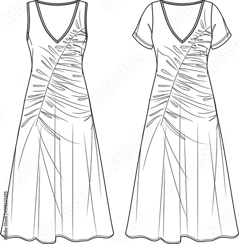 Vector maxi dress with gathering technical drawing, long summer dress fashion CAD, woman sleeveless V-neck dress sketch, template, flat.  Jersey or woven fabric dress with front, back view, white