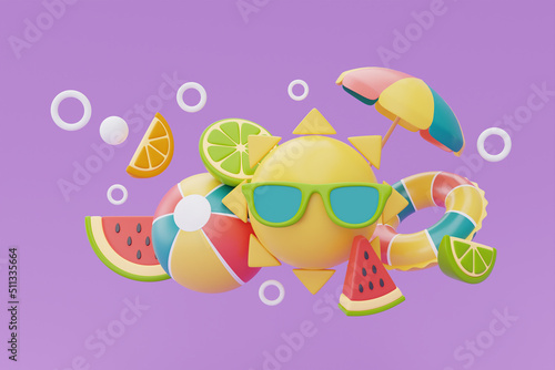 Summer time concept, sun with sunglasses and colorful summer beach elements on purple background, 3d rendering. © Charcoal3D