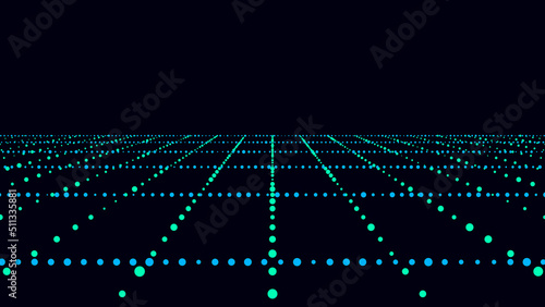 Abstract green perspective grid. Digital background in retro style. Cyber landscape on black background. Vector illustration.