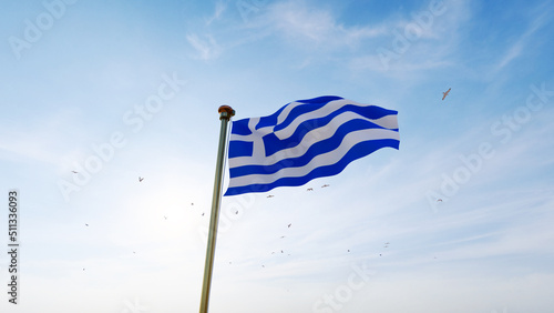 Flag of Greece waving in the wind, sky and sun background. Greece Flag 3d rendering.