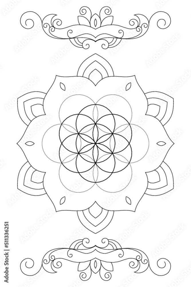 Fototapeta premium Flower of Life and Tree of Life Sacred Geometry zentangle inspired design template with oriental tribal ornaments. New age coloring page.Line art meditation symbol with ornaments.