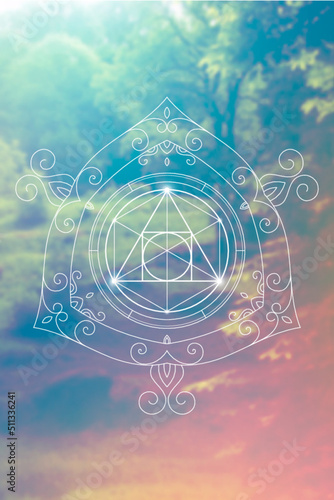 Philosopher Stone Sacred Geometry zentangle inspired design template with oriental tribal ornaments. Ornamental new age art.Meditation symbol in front of blurry nature background.