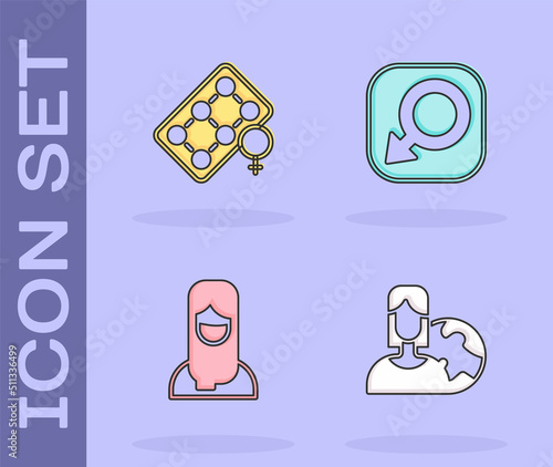 Set Women from different countries, Packaging of birth control pills, Muslim woman hijab and Male gender icon. Vector