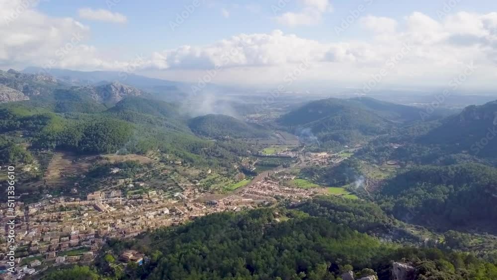 Breath-Taking Aerial View Of City In Valley. Scenic Drone Shot Of Hills. Breath-Taking Aerial View Of City In Valley. Scenic Drone Shot Of Hills.