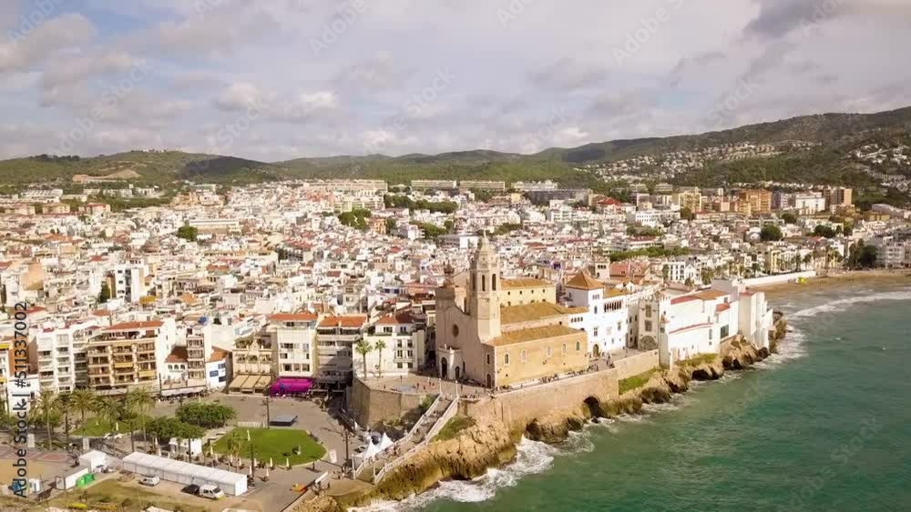 Aerial Drone Shot Of El Baluard de Sitges. Scenic Sitges Coastline, Spain. Aerial Drone Shot Of El Baluard de Sitges. Scenic Sitges Coastline, Spain.
