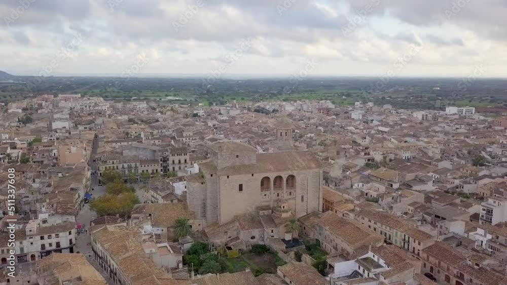 Aerial Drone Shot Of San Miguel Church In Llucmajor, Mallorca, Spain. Aerial Drone Shot Of San Miguel Church In Llucmajor, Mallorca, Spain.