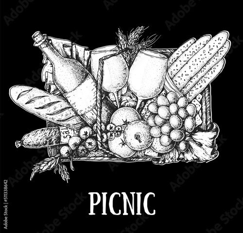 Picnic basket top view sketch. Hand drawn vector illustration. Summer food outdoors. Picnic basket with bread, wine, grape, apple, cheese, tomatoes, salami. Food and drink illustration.