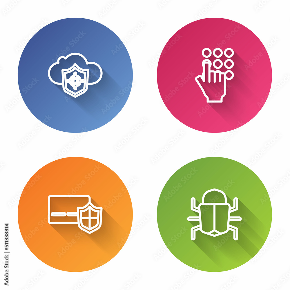 Set line Cloud and shield, Password protection, Credit card with and System bug. Color circle button. Vector Set line Cloud and shield, Password protection, Credit card with and System bug. Color circle button. Vector