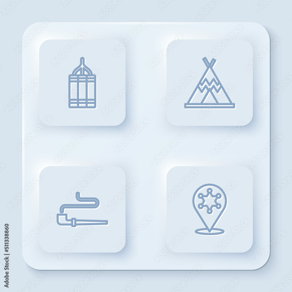 Set line Dynamite bomb, Indian teepee or wigwam, Smoking pipe and Hexagram sheriff. White square button. Vector Set line Dynamite bomb, Indian teepee or wigwam, Smoking pipe and Hexagram sheriff. White square button. Vector